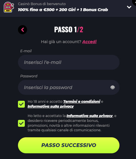 Creazione dell'account Lunubet